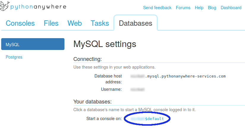 The Database tab and a link to the MySQL console
